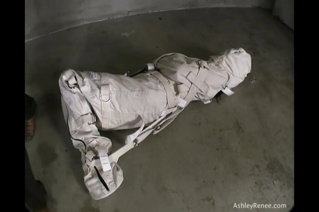 Raven-haired hottie in straitjacket is hanging in the air