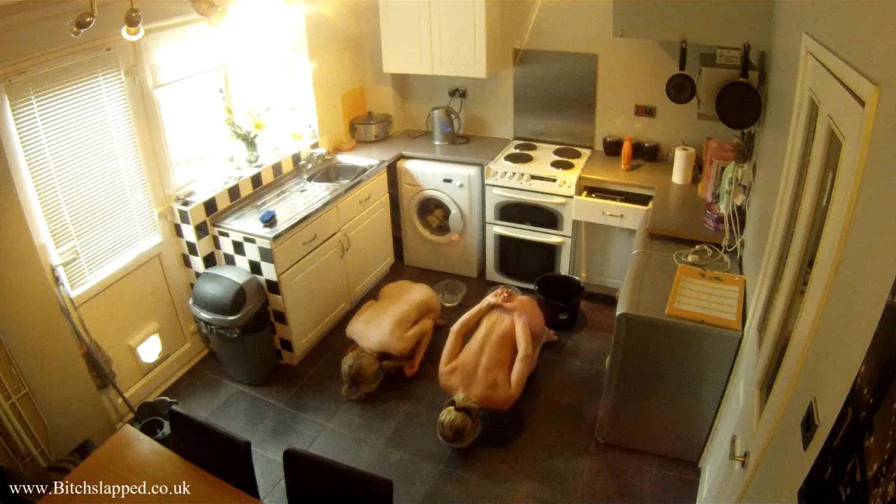 Two naked and submissive chicks drinking from bowls on the knees